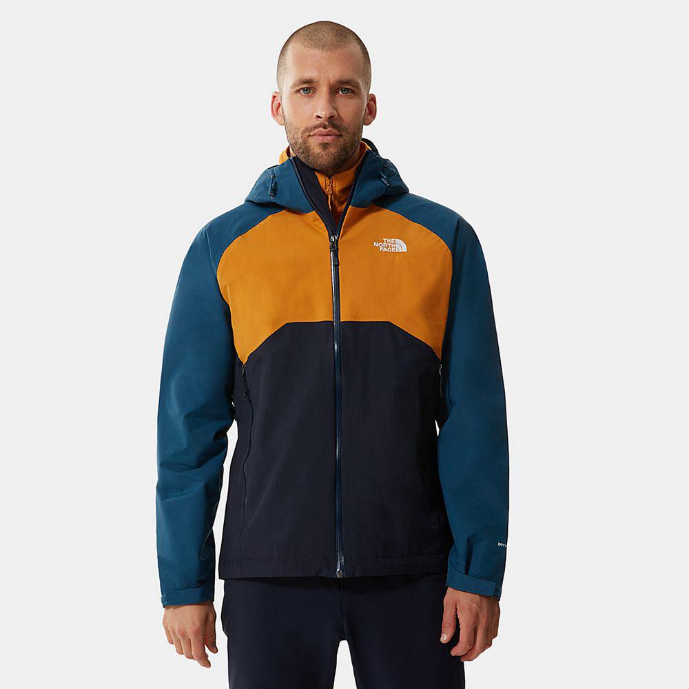 The North Face Stratos Hooded Ανδρικα Ελαφρύ Μπουφάν - Σκουρο Μπλε / Κίτρινα / Μπλε (MROV75062)